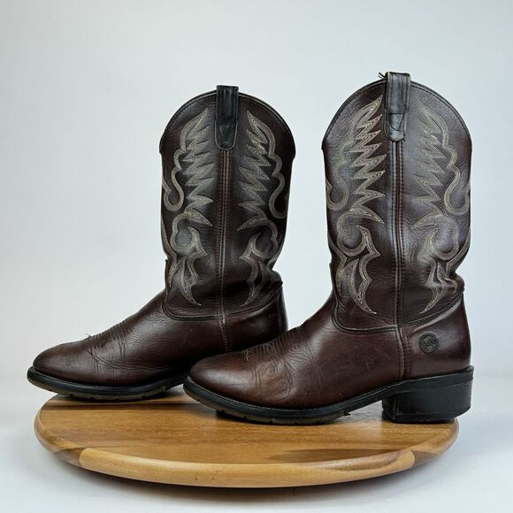 Mens Double H 1517 Work West Brown Leather‎ Pull On Western Cowboy Boots Size 10 - Picture 2 of 10